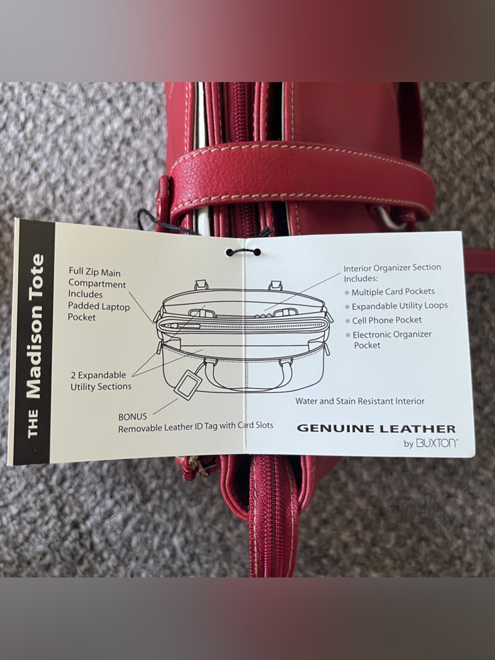 Buxton Madison Tote Bag with Padded Laptop Pocket in Red - Picture 4 of 11